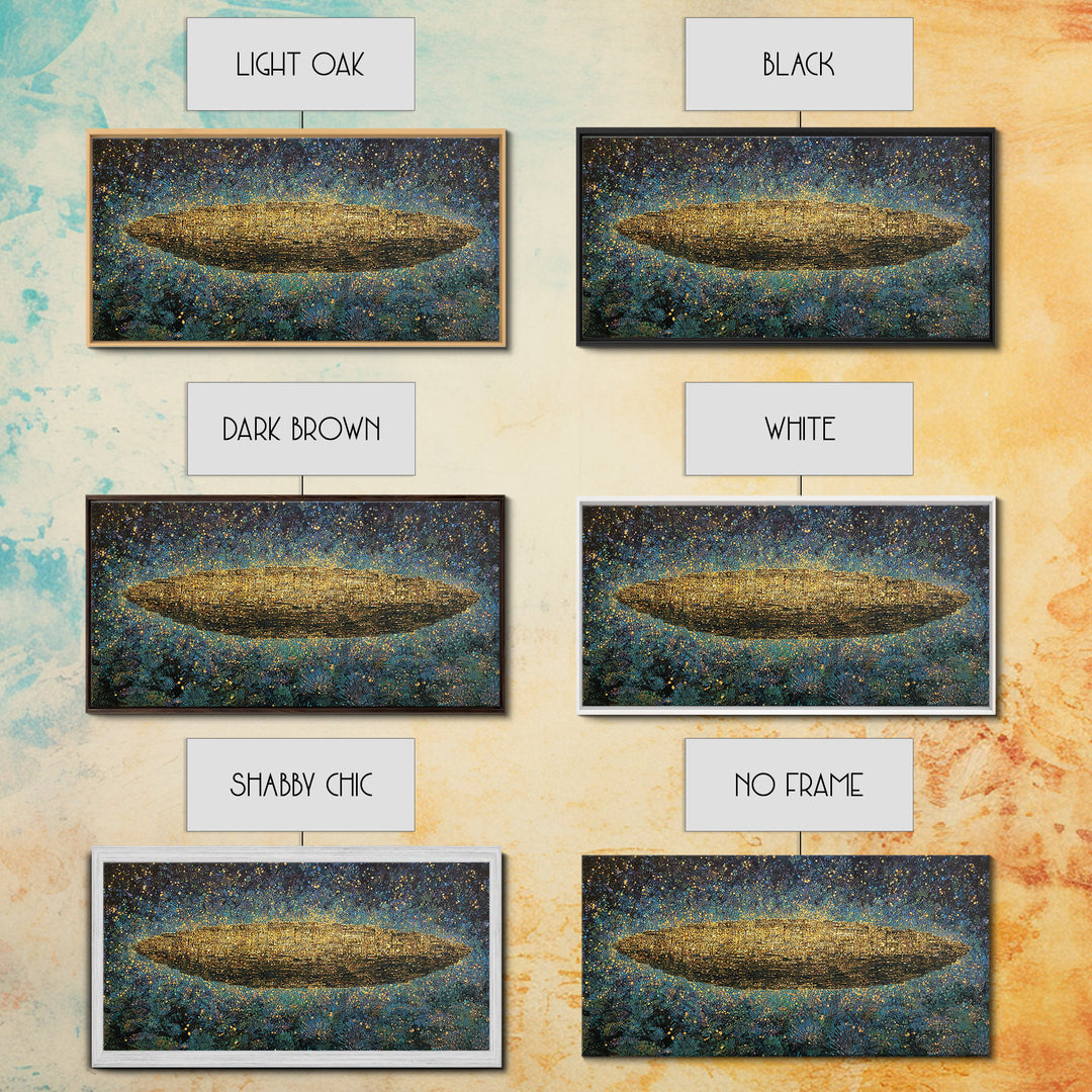 Glowing Golden Oval Over Blue Meadow Canvas Print, Abstract African Art, Textured Art Print, Luxury Canvas Art Decor Gift