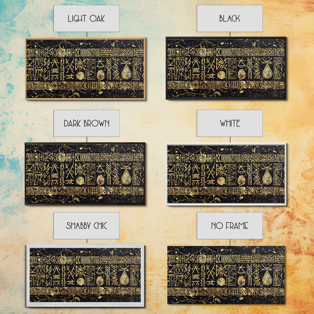 Ancient Gold Tribal Symbols On Black Stone Wall Art, African Tribal Art, Cultural Wall Decor, Textured Canvas Print Gift