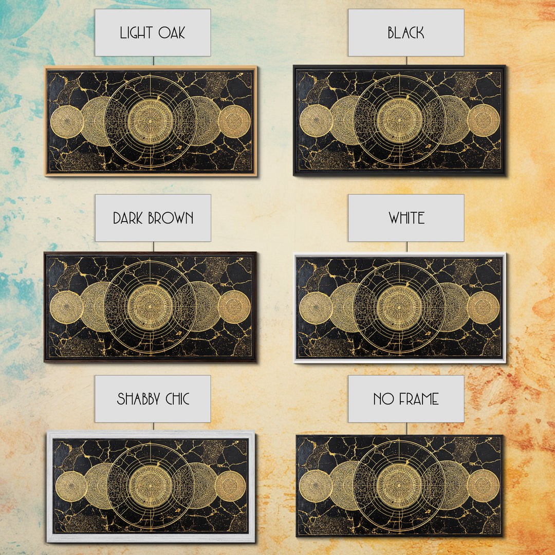 Golden Lunar Phases Celestial Geometry Wall Art, Black And Gold Abstract African Inspired Decor, Mystic Boho Canvas Print