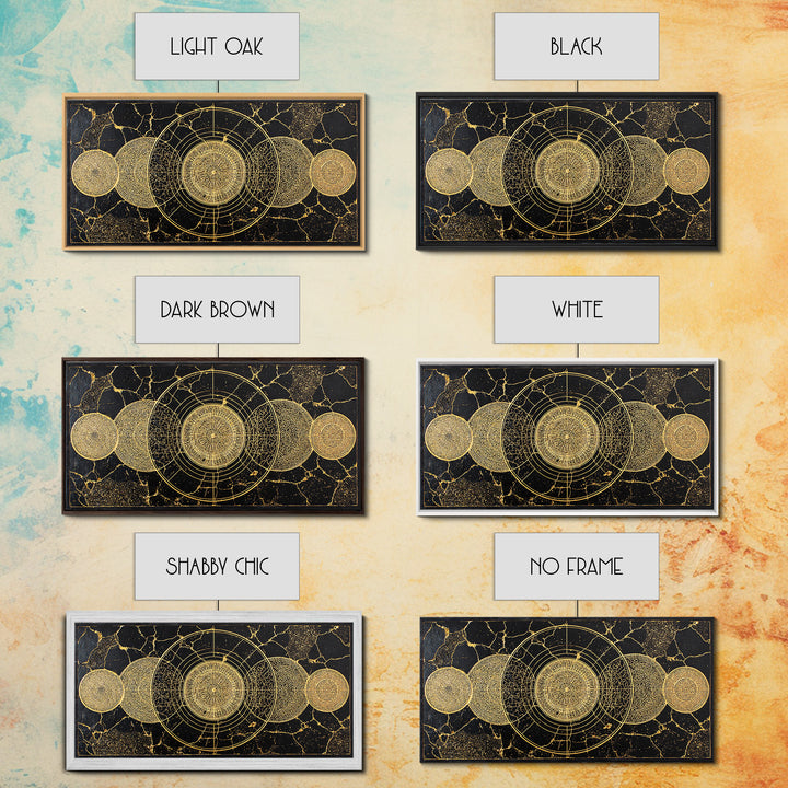 Golden Lunar Phases Celestial Geometry Wall Art, Black And Gold Abstract African Inspired Decor, Mystic Boho Canvas Print