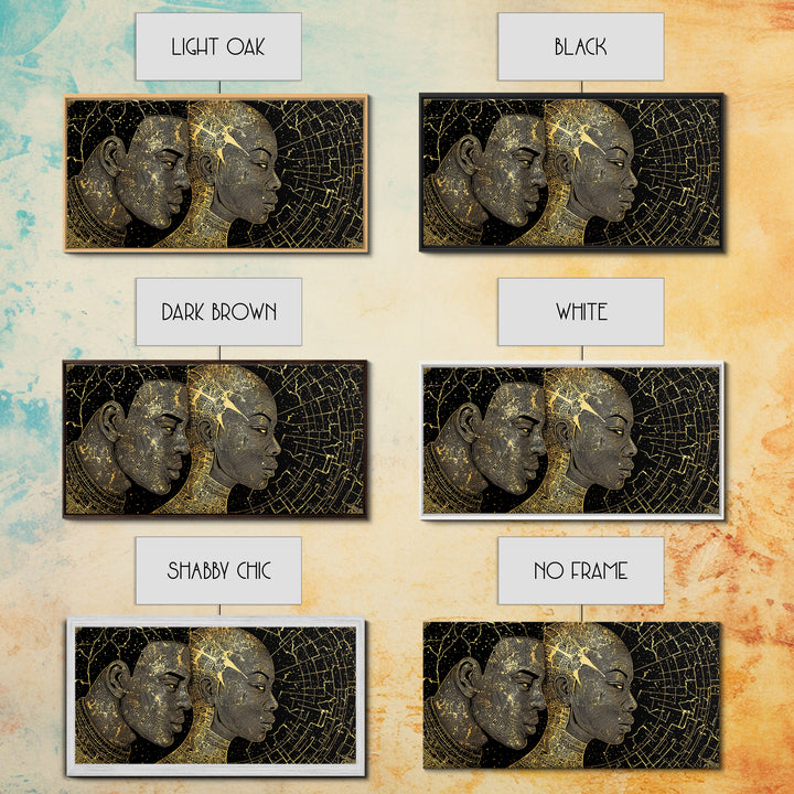 Golden African Profiles With Celestial Patterns Canvas Print, Afrocentric Portrait Wall Art, Black Culture Decor, Unique Gift