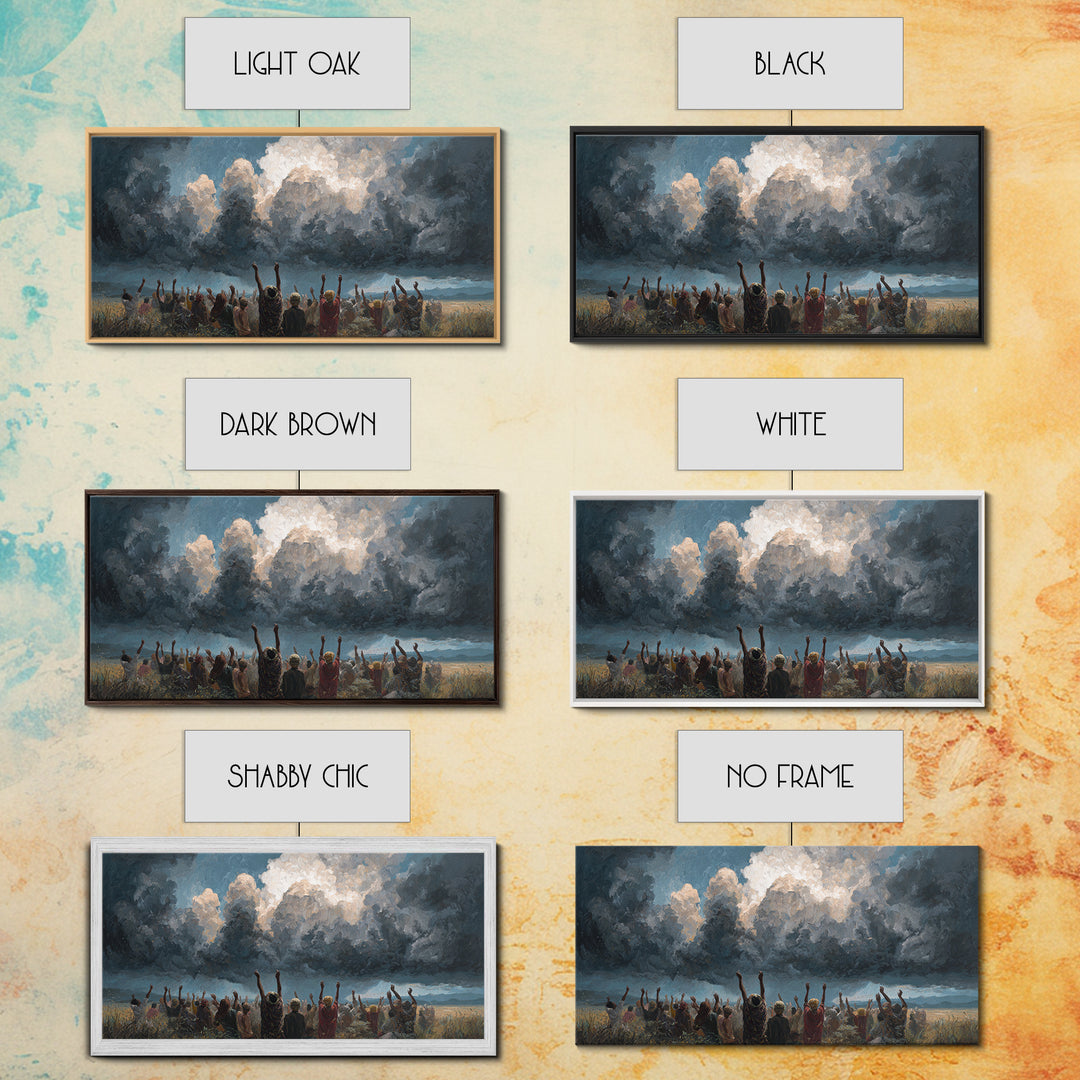 Joyful African Crowd Under Dramatic Storm Clouds Wall Art, Black Culture Celebration, Spiritual Decor, Panoramic Canvas Print