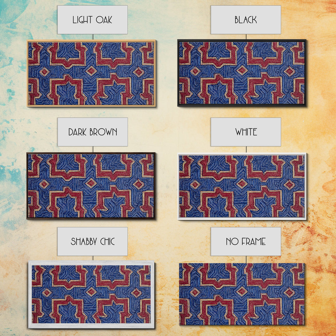 Red Blue Kuba Geometric Textile Pattern Wall Art, African Fabric Print, Tribal Decor, Modern African Art For Living Room