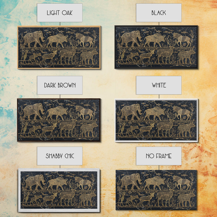 Gold Safari Animal Linework With Elephants And Giraffes Wall Art, African Safari Art, Black And Gold Art, Living Room Decor