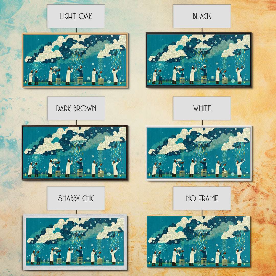 Scientists Harvesting Rain From Patterned Clouds Wall Art, Contemporary Art, Teal And Yellow Art, Modern Office Decor Gift