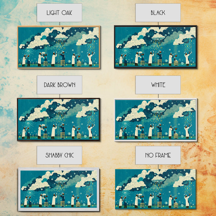 Scientists Harvesting Rain From Patterned Clouds Wall Art, Contemporary Art, Teal And Yellow Art, Modern Office Decor Gift