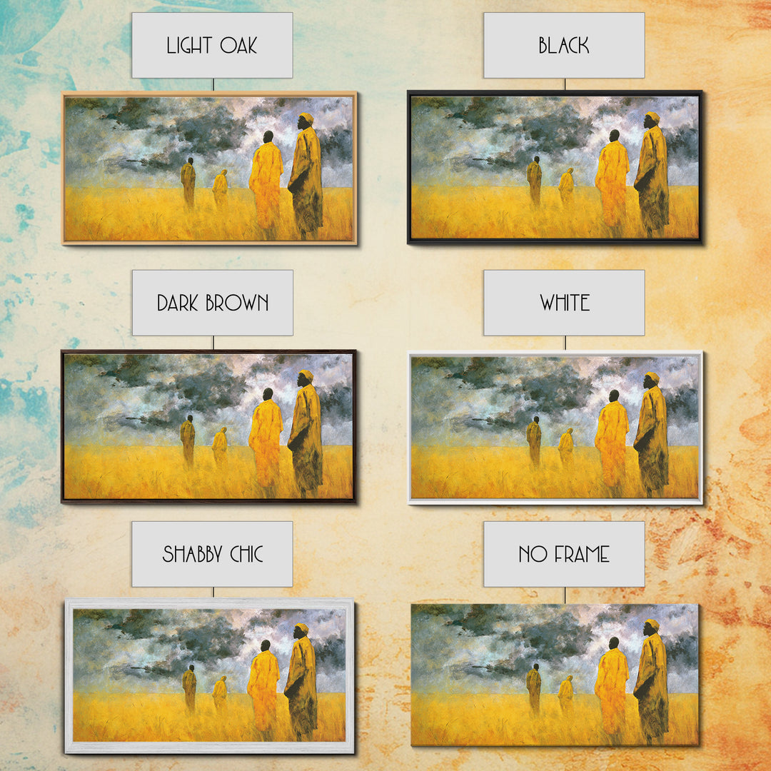 Yellow Robed African Figures Framed Canvas Print, Dreamy Savannah Landscape Wall Art, Cultural Home Decor Gift For Living Room