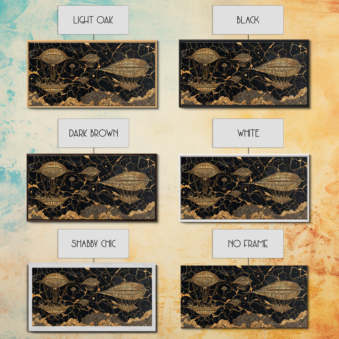 Gold Airship Fantasy Over Black Marble Wall Art, African Inspired Steampunk Canvas Print, Unique Statement Decor Gift For Office