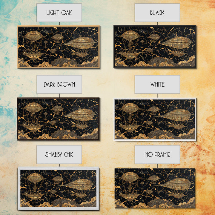 Gold Airship Fantasy Over Black Marble Wall Art, African Inspired Steampunk Canvas Print, Unique Statement Decor Gift For Office