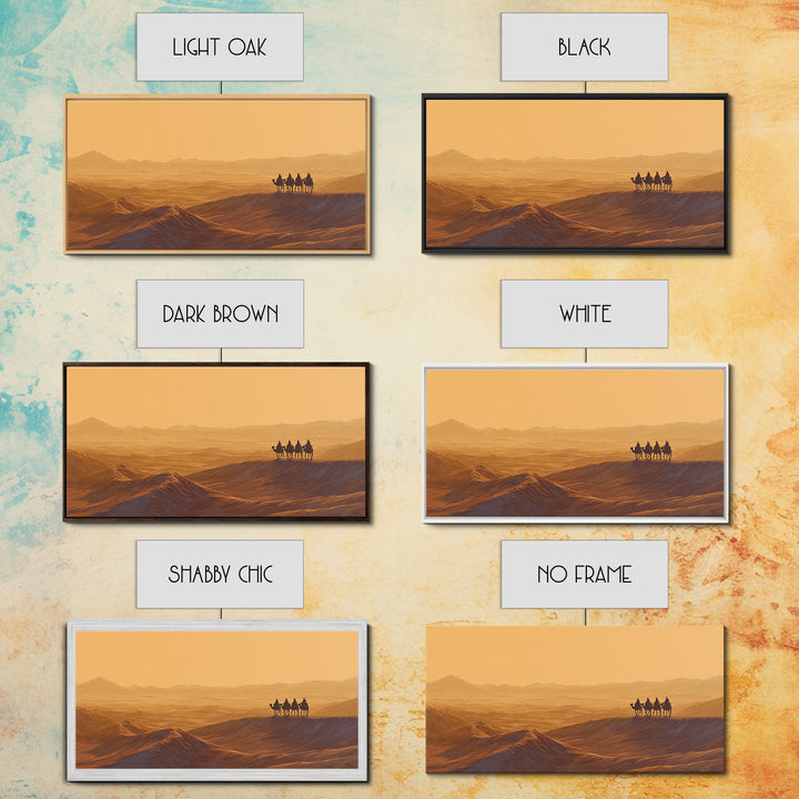 Golden Desert Caravan Silhouette Wall Art, African Landscape, Sahara Travel Poster, Earth Tone Wall Decor, Living Room Art