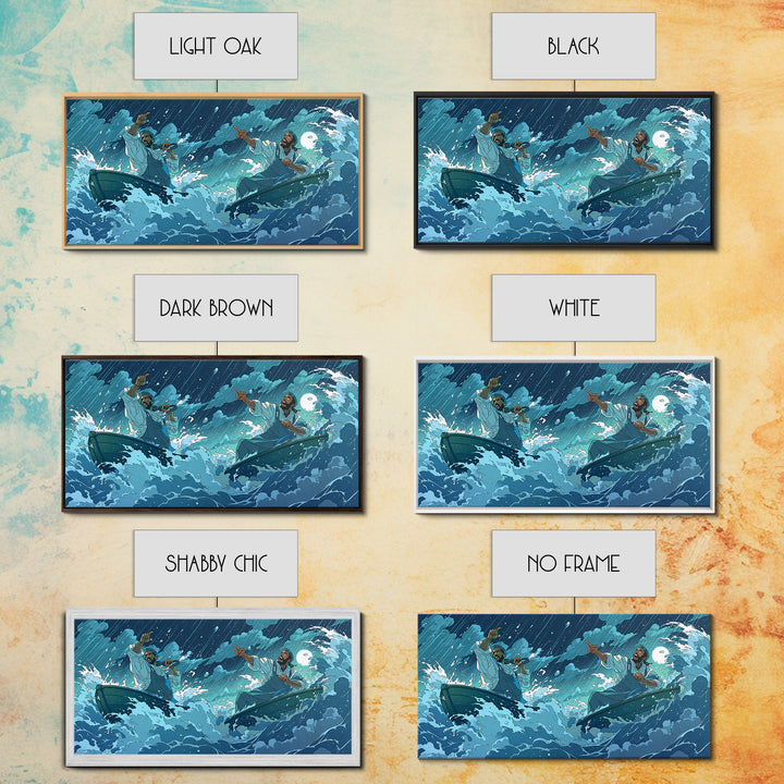 Stormy Sea Boatmen Wall Art, Blue Ocean Waves, African Inspired Spiritual Art, Fishermen Canvas, Dramatic Home Decor Gift