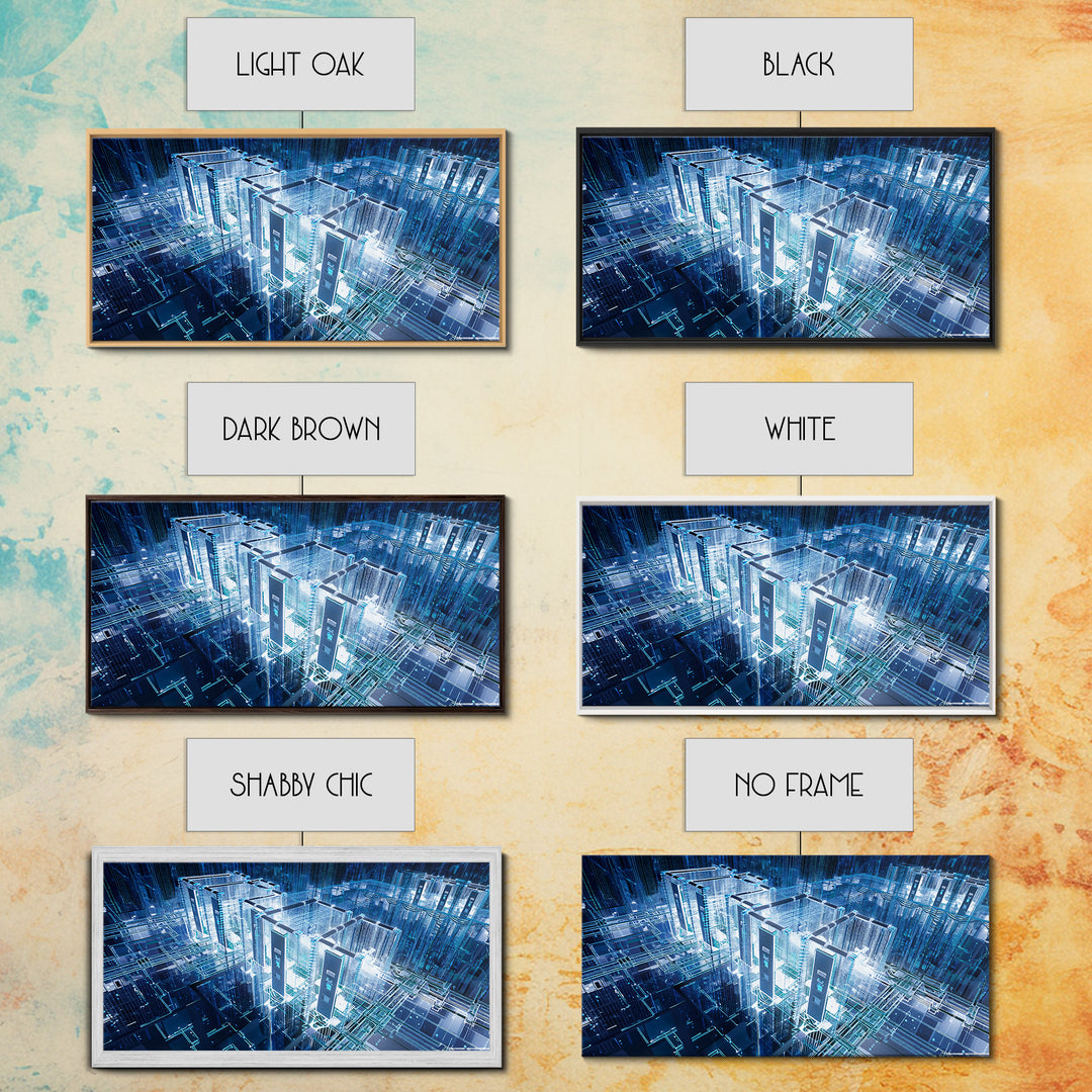 Blue Afrofuturist Data City, Glowing Digital Towers Wall Art, Modern African Abstract, Tech Office Decor, Unique Canvas Gift