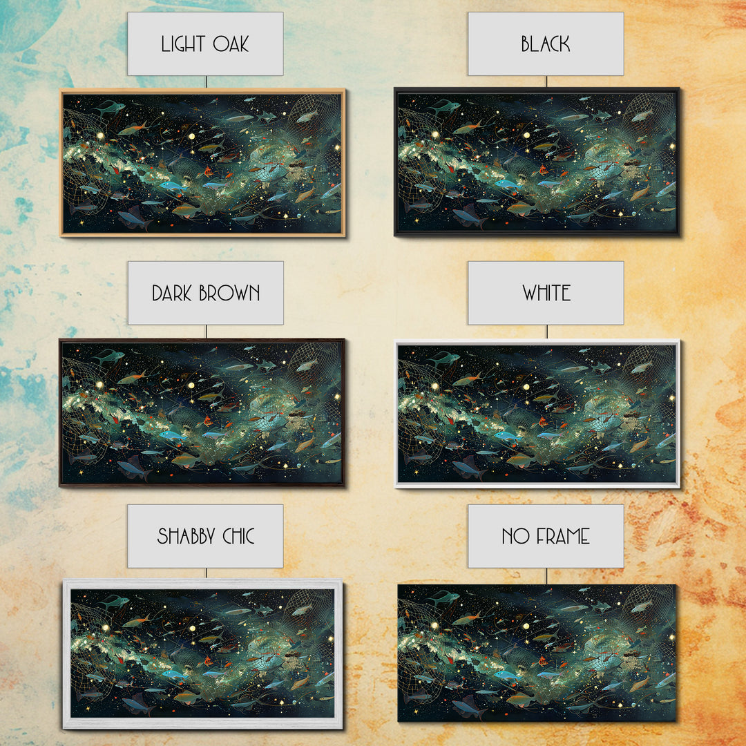 Cosmic Underwater Fish Galaxy Wall Art, Dreamy Ocean Canvas Print, African Inspired Nature Scene Art, Teal Modern Decor Gift