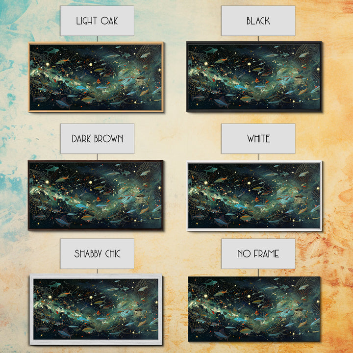 Cosmic Underwater Fish Galaxy Wall Art, Dreamy Ocean Canvas Print, African Inspired Nature Scene Art, Teal Modern Decor Gift