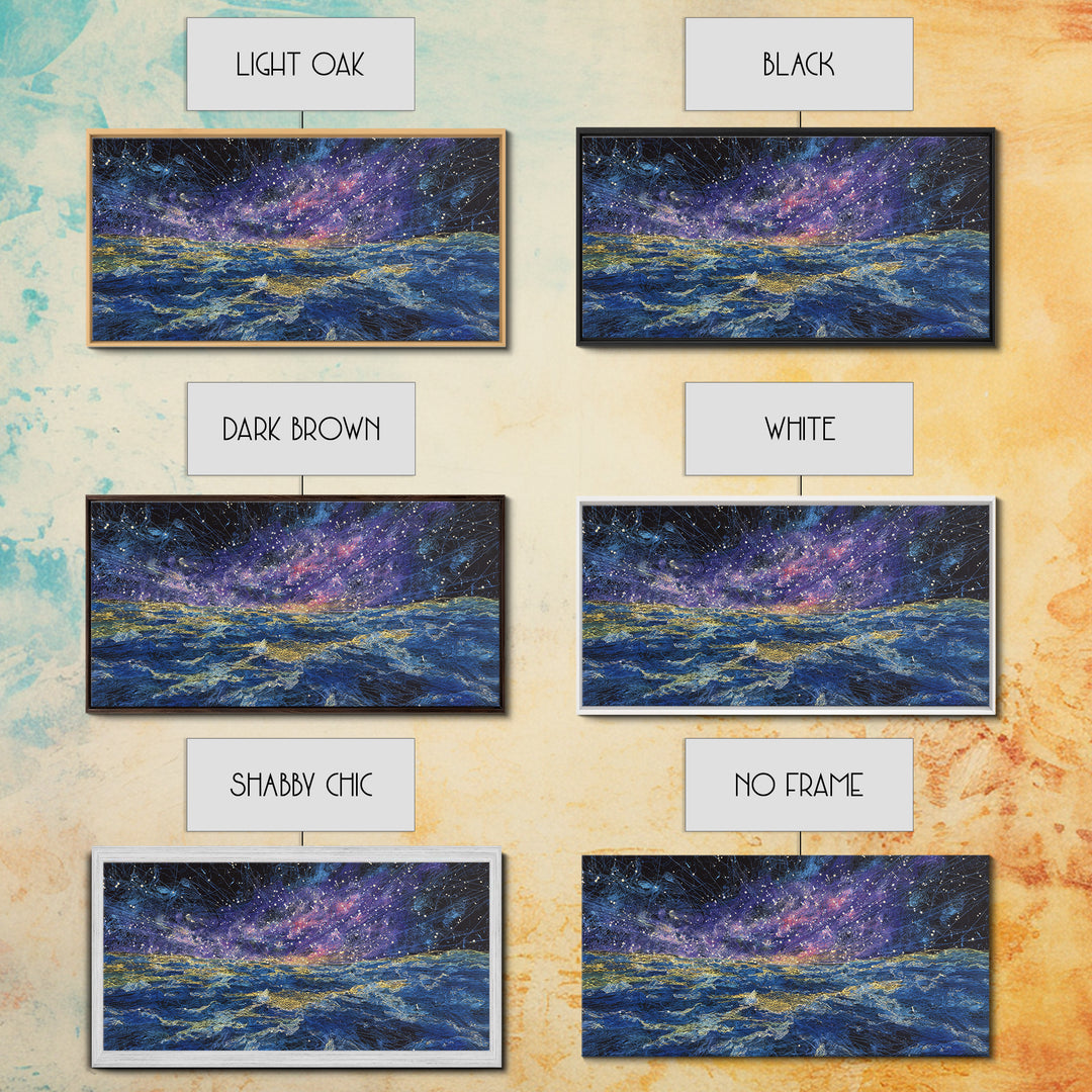 Galaxy Ocean Waves Under Starry Sky Canvas Print, Abstract Wall Art, Blue Gold Seascape, Dreamy Modern Home Decor, Large Decor Art