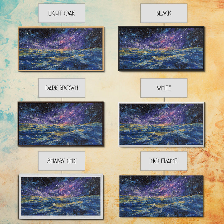 Galaxy Ocean Waves Under Starry Sky Canvas Print, Abstract Wall Art, Blue Gold Seascape, Dreamy Modern Home Decor, Large Decor Art
