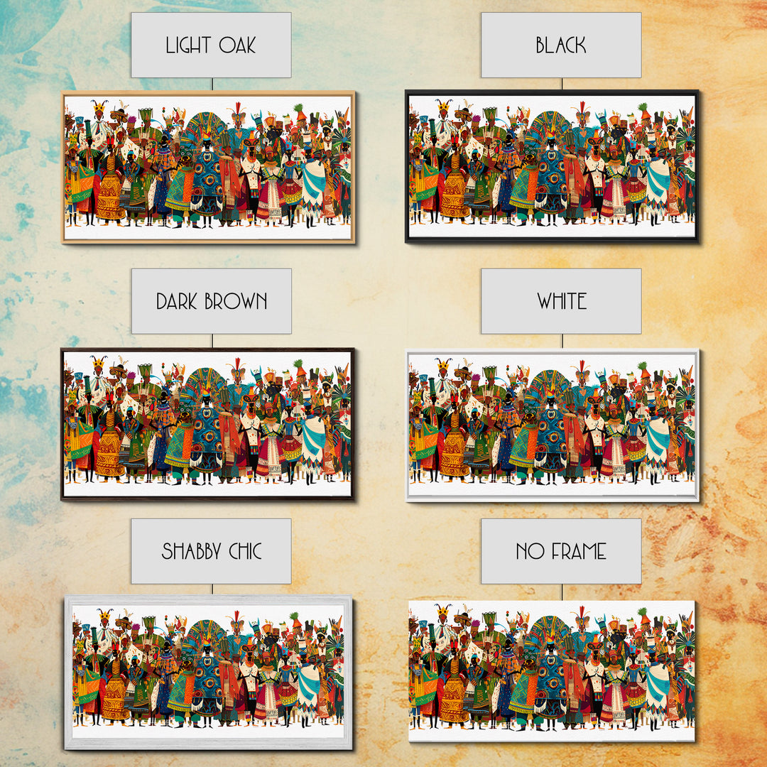 Vibrant African Tribal Festival Crowd With Masks Canvas Print, Afrocentric Wall Art, Colorful African Art, Cultural Decor