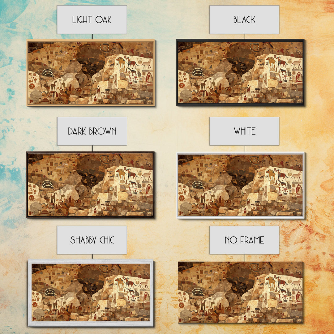 Ancient Sahara Cave Mural With Tribal Animals Wall Art African Safari Art, Earth Tone Cultural Decor For Living Room Statement Piece