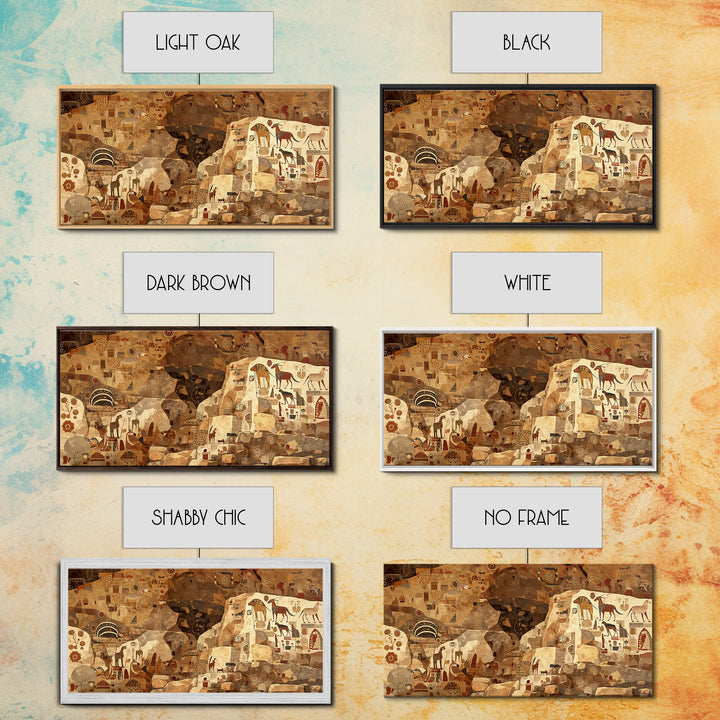 Ancient Sahara Cave Mural With Tribal Animals Wall Art African Safari Art, Earth Tone Cultural Decor For Living Room Statement Piece