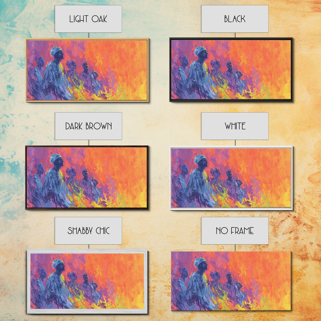 Blue Ancestral Figures By Fire Wall Art, Abstract African Art, Spiritual Cultural Painting, Orange And Purple Decor Gift