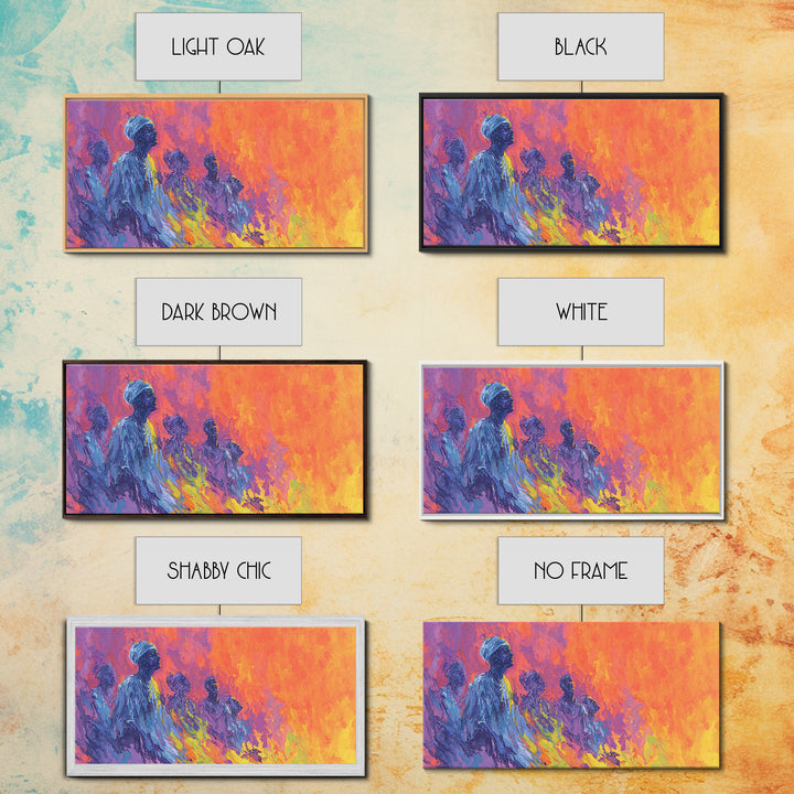 Blue Ancestral Figures By Fire Wall Art, Abstract African Art, Spiritual Cultural Painting, Orange And Purple Decor Gift