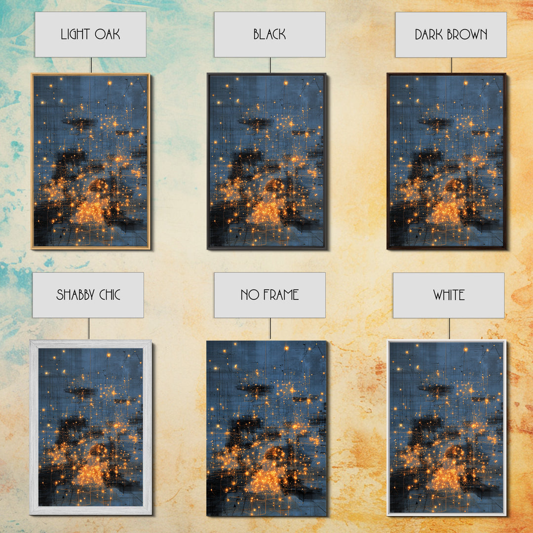 Blue Abstract City Lights Wall Art, Gold Spark Modern Canvas Print, Urban Office Decor, Dreamy Digital Art Luxury Home Gift
