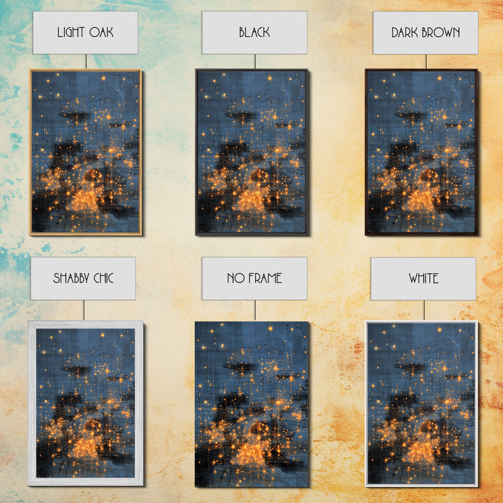 Blue Abstract City Lights Wall Art, Gold Spark Modern Canvas Print, Urban Office Decor, Dreamy Digital Art Luxury Home Gift