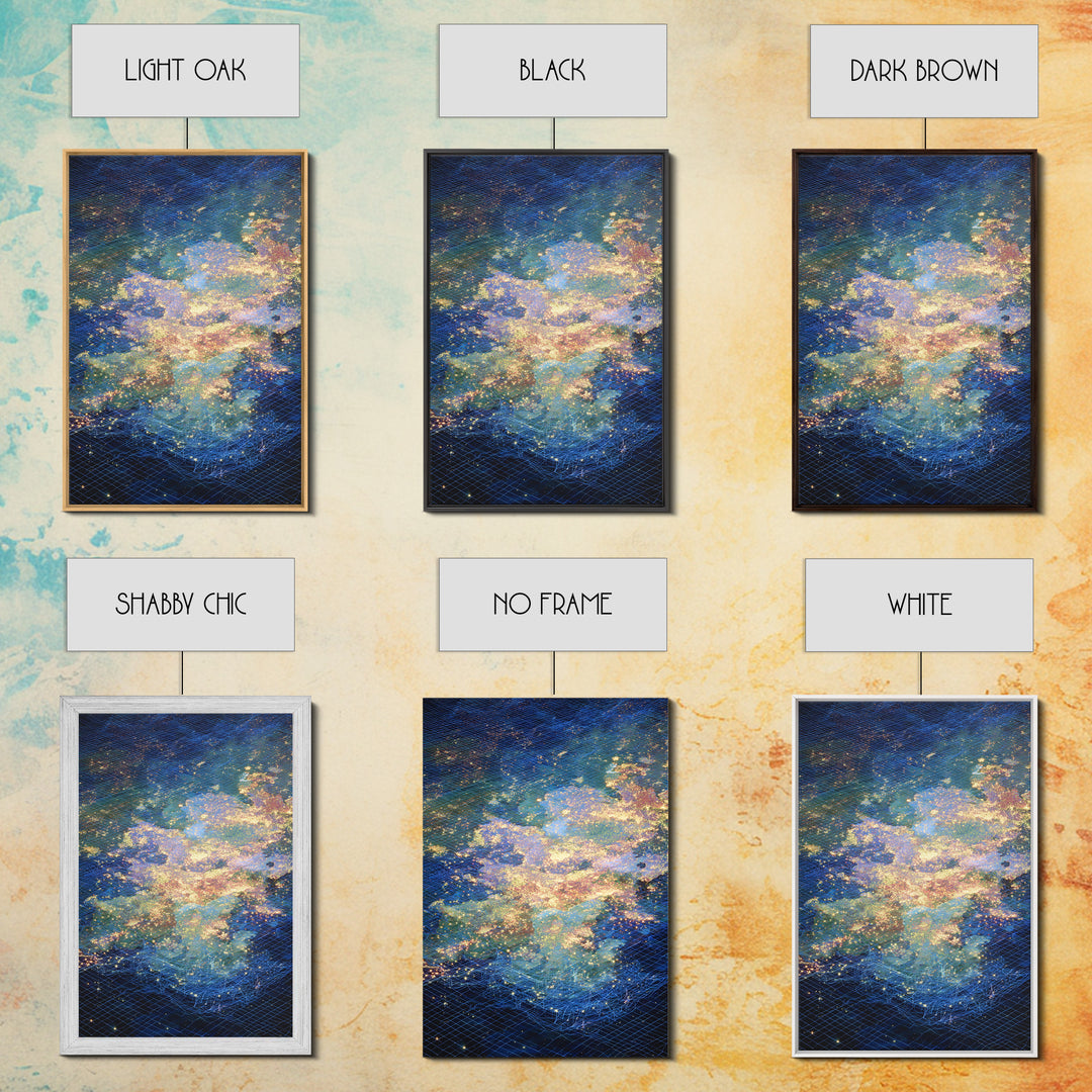 Celestial Ocean Abstract Wall Art, Blue Gold Starry Canvas Print, Dreamy Nature Scene Art, Modern Luxury Home Decor Gift
