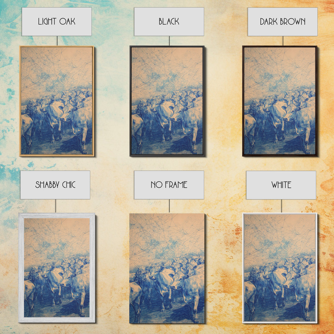 Blue Cattle Herd Network Sketch Wall Art, African Animal Art, Safari Art, Rustic Home Decor, Unique Canvas Gift For Office Decor