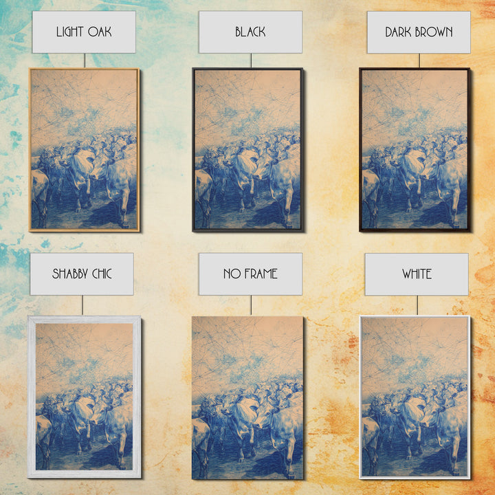 Blue Cattle Herd Network Sketch Wall Art, African Animal Art, Safari Art, Rustic Home Decor, Unique Canvas Gift For Office Decor