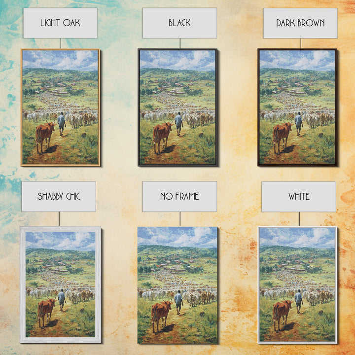 Pastoral Cattle Drive To Village Landscape Wall Art, African Landscape, Safari Decor, Farmhouse Home Decor Gift For Living Room