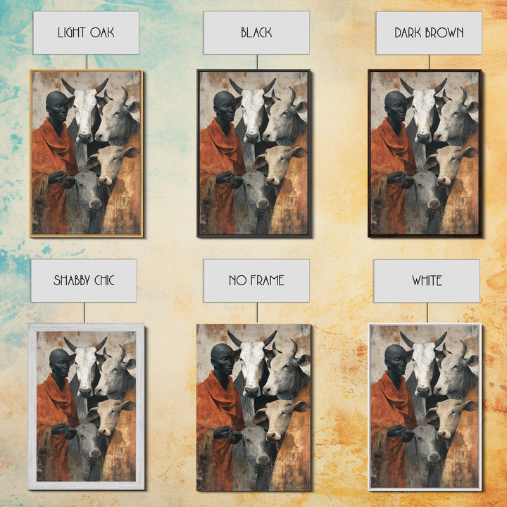 Maasai Herder With White Cattle Framed Canvas Print, African Portrait Wall Decor, Rustic Safari Art, Afrocentric Home Decor