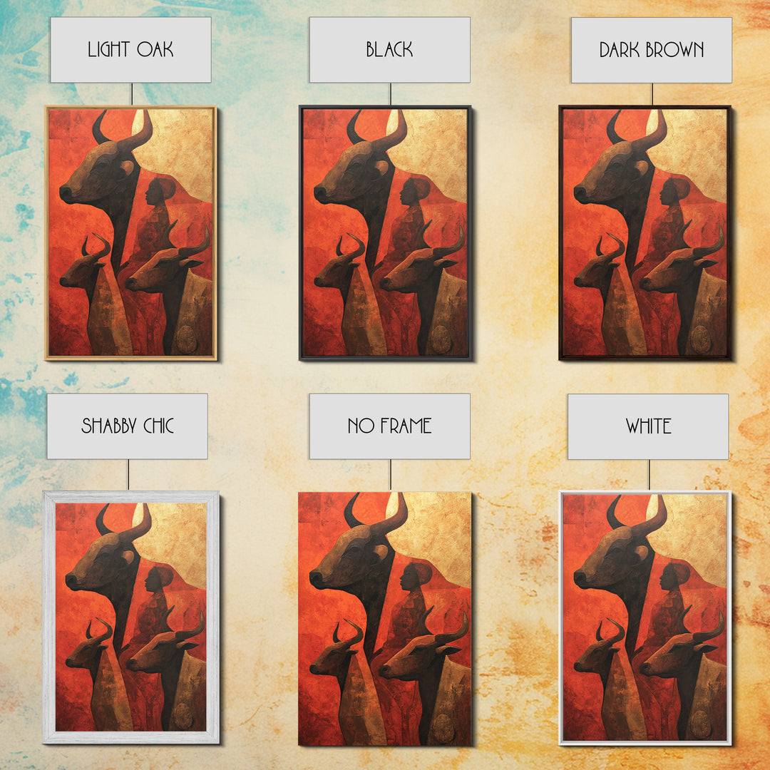 Ochre African Woman With Longhorn Cattle Canvas Print, Tribal Wall Decor, Modern African Art, Burnt Orange Safari Home Decor
