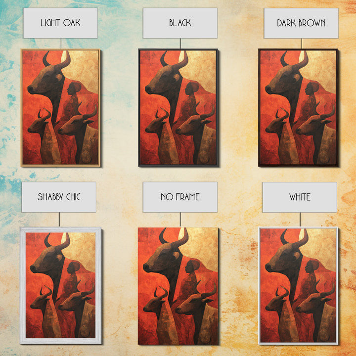 Ochre African Woman With Longhorn Cattle Canvas Print, Tribal Wall Decor, Modern African Art, Burnt Orange Safari Home Decor