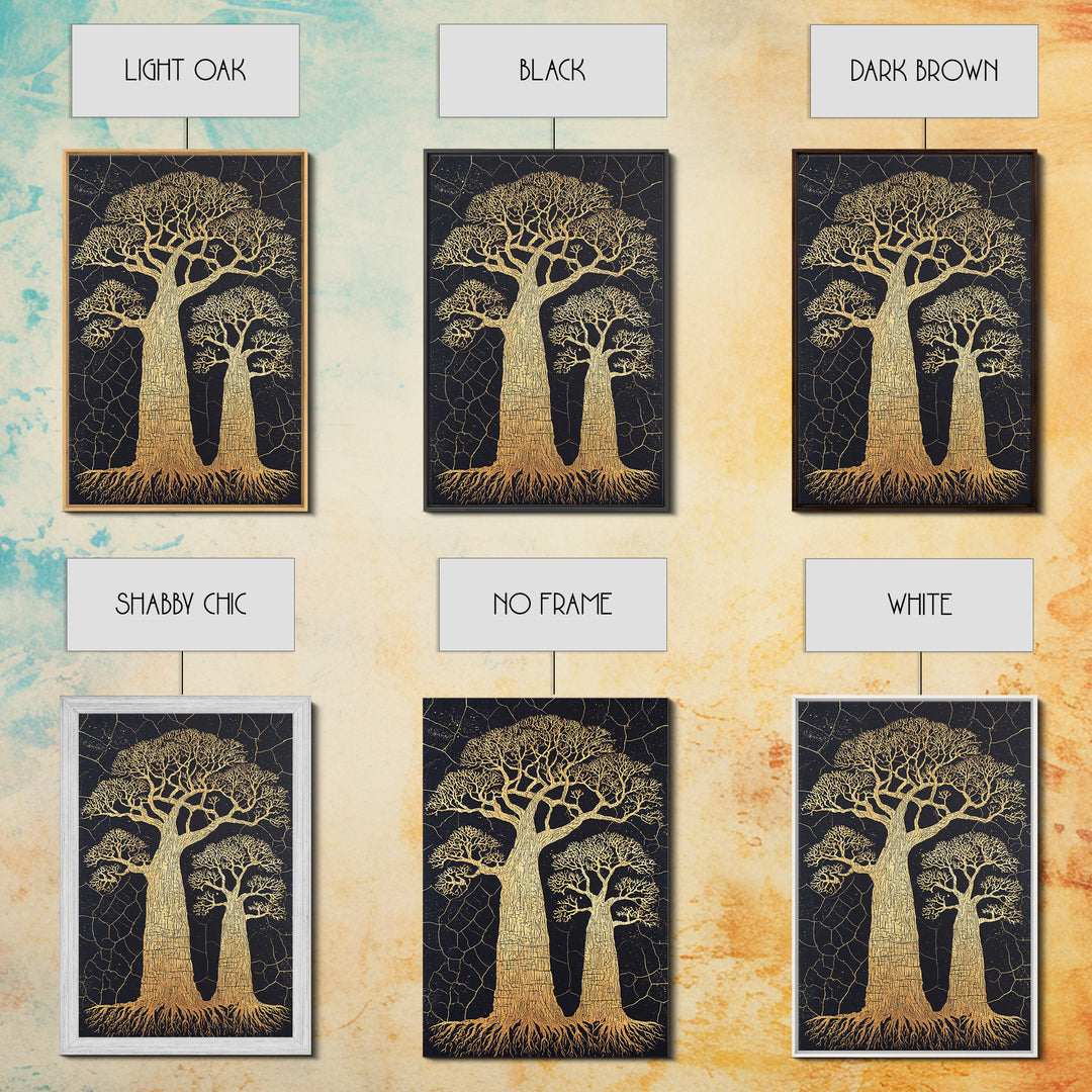 Golden Baobab Trees On Black Cracked Ground Wall Art, African Landscape Print, Botanical Safari Decor, Earth Tone Home Decor