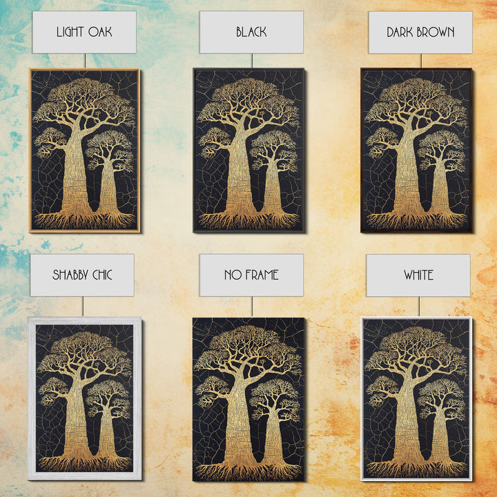 Golden Baobab Trees On Black Cracked Ground Wall Art, African Landscape Print, Botanical Safari Decor, Earth Tone Home Decor