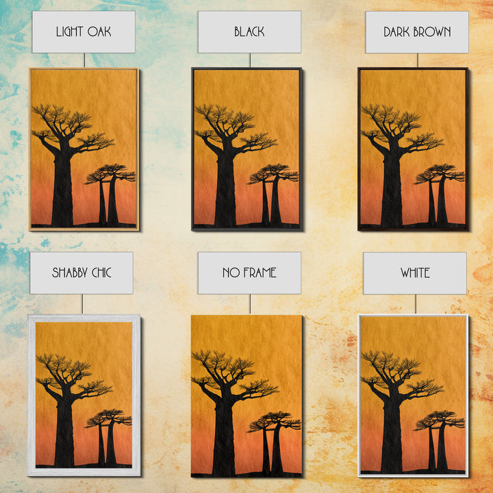 Black Baobab Silhouettes At Orange Sunset Canvas Print, African Tree Wall Decor, Minimalist Safari Art, Warm Boho Home Decor