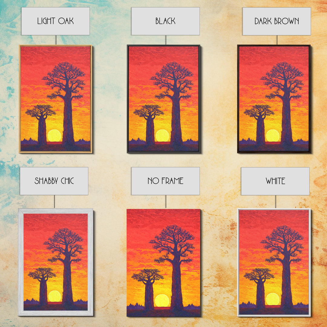 Vivid Baobab Sunset With Glowing Sun Wall Art, African Landscape Print, Colorful Safari Decor, Large Living Room Canvas Print