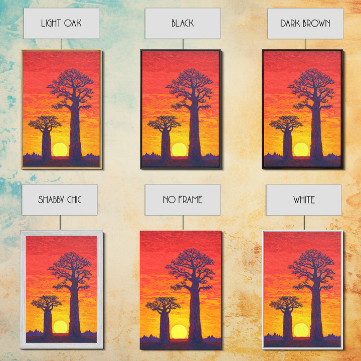 Vivid Baobab Sunset With Glowing Sun Wall Art, African Landscape Print, Colorful Safari Decor, Large Living Room Canvas Print