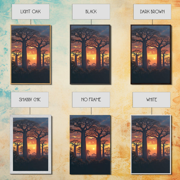 Dramatic Baobab Forest At Dusk Framed Canvas Print, African Safari Wall Decor, Serengeti Landscape Art, Nature Scene Decor