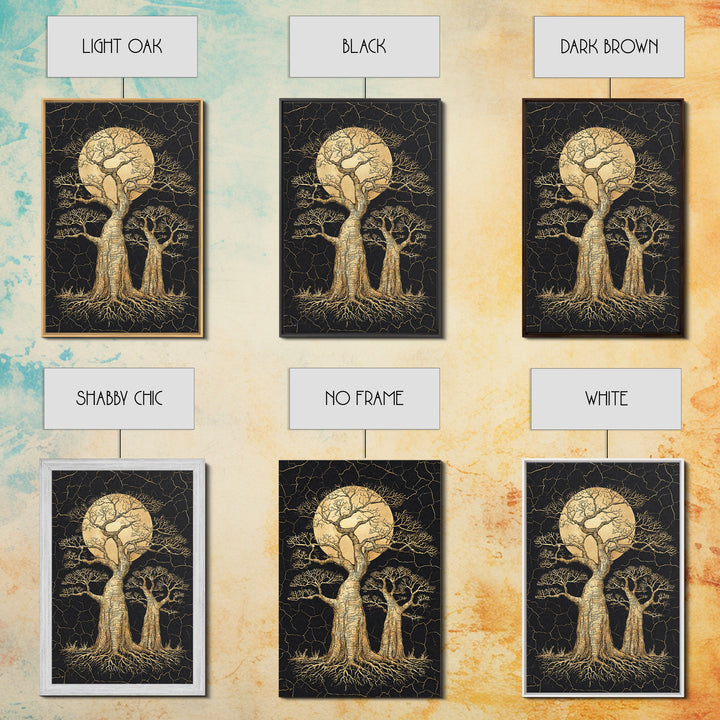 Golden Baobab Moon Tree Wall Art, African Landscape, Black And Gold Decor, Motherland Nature Canvas, Boho Safari Gift, Statement Piece