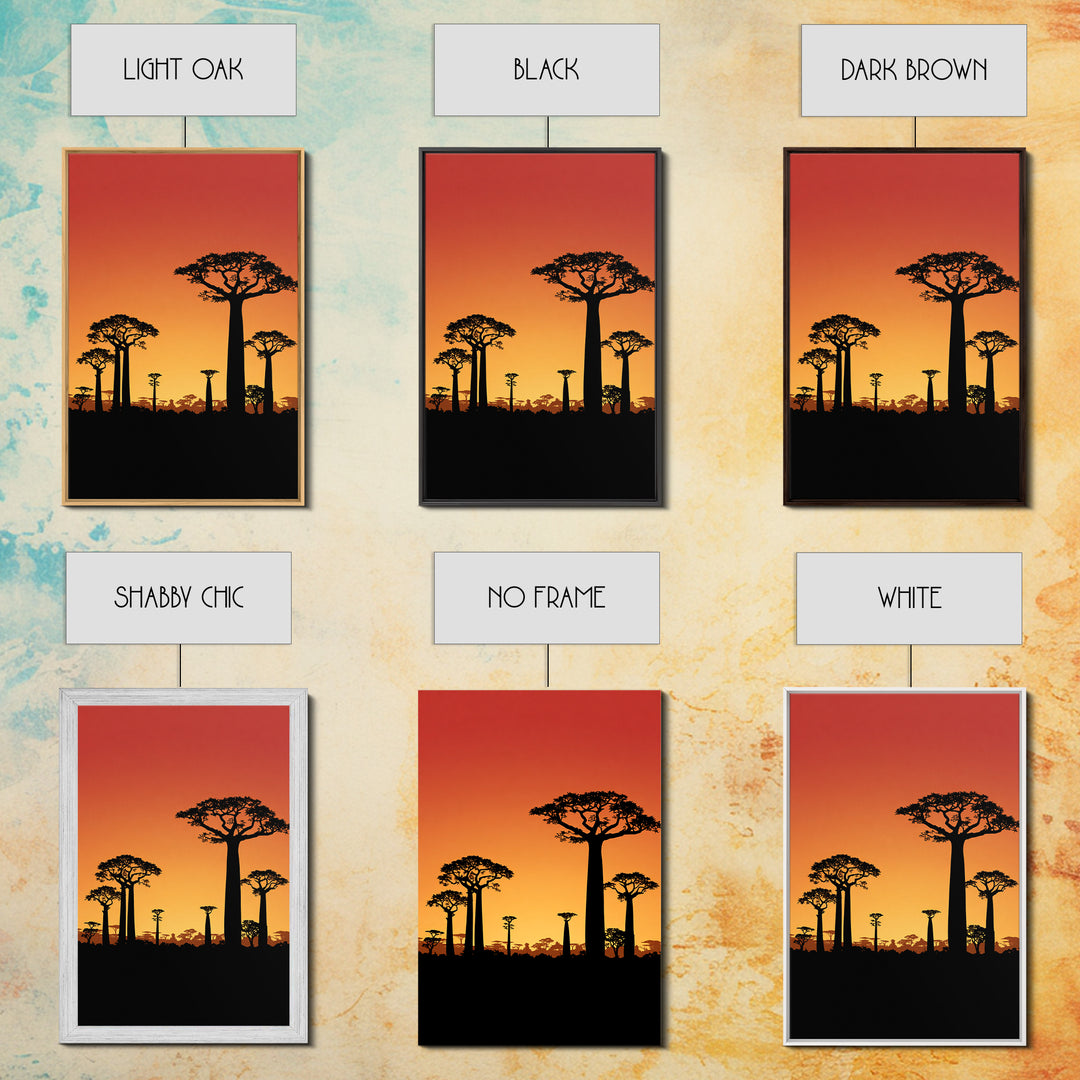 Sunset Baobab Grove Canvas Print, African Safari Landscape, Orange Sky Wall Decor, Madagascar Nature Art, Boho Home Gift
