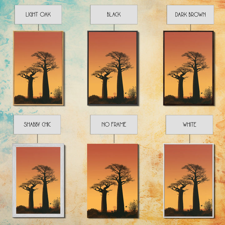 Two Tall Baobab Trees Wall Art, African Sunset Landscape, Madagascar Travel Poster, Orange Safari Decor, Nature Canvas Gift