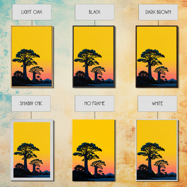 Yellow Sky Baobab Silhouette Canvas Print, African Landscape Wall Decor, Madagascar Sunset Poster, Bold Safari Art Gift Idea