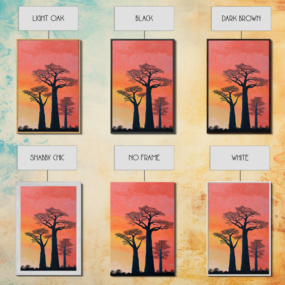 Coral Sunset Baobab Trees Wall Art, African Landscape Print, Textured Canvas Decor, Madagascar Safari Gift, Boho Room Art