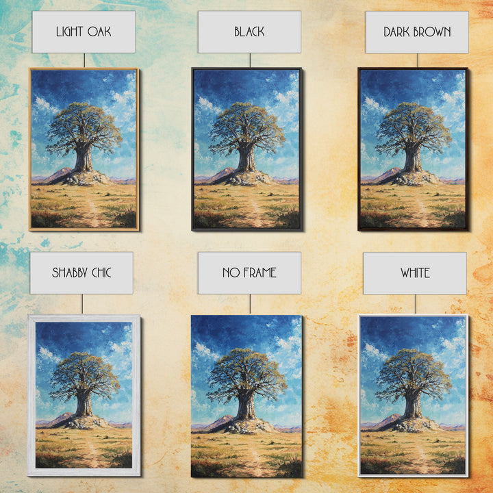 Lone Baobab Desert Path Framed Canvas Print, African Landscape, Blue Sky Painting, Nature Wall Decor, Unique Housewarming Gift