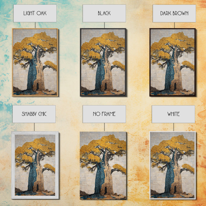 Blue And Gold Baobab Mosaic Framed Canvas Print, African Art Decor, Bold Artwork, Cultural Wall Decor, Statement Piece For Living Room