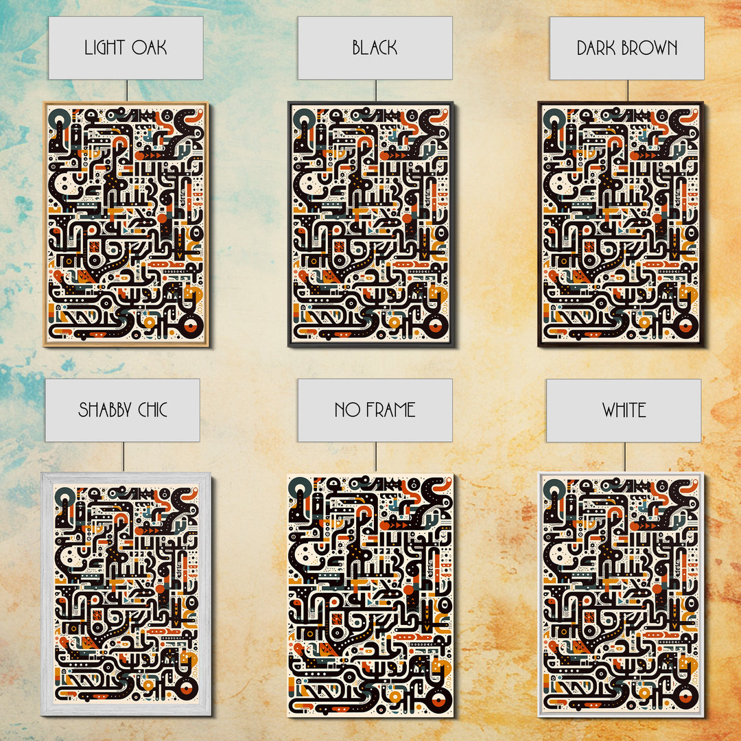 Ivory Black Orange Labyrinth Glyph Wall Art, Modern African Art Abstract, Boho Tribal Decor, Geometric Canvas Print For Home Decor
