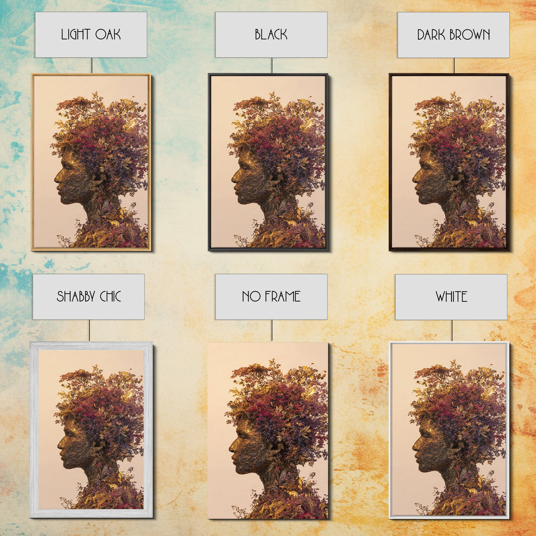 Botanical African Woman Portrait Wall Art, Afrocentric Floral Black Beauty Art, Earth Tone Living Room Decor, Housewarming Gift