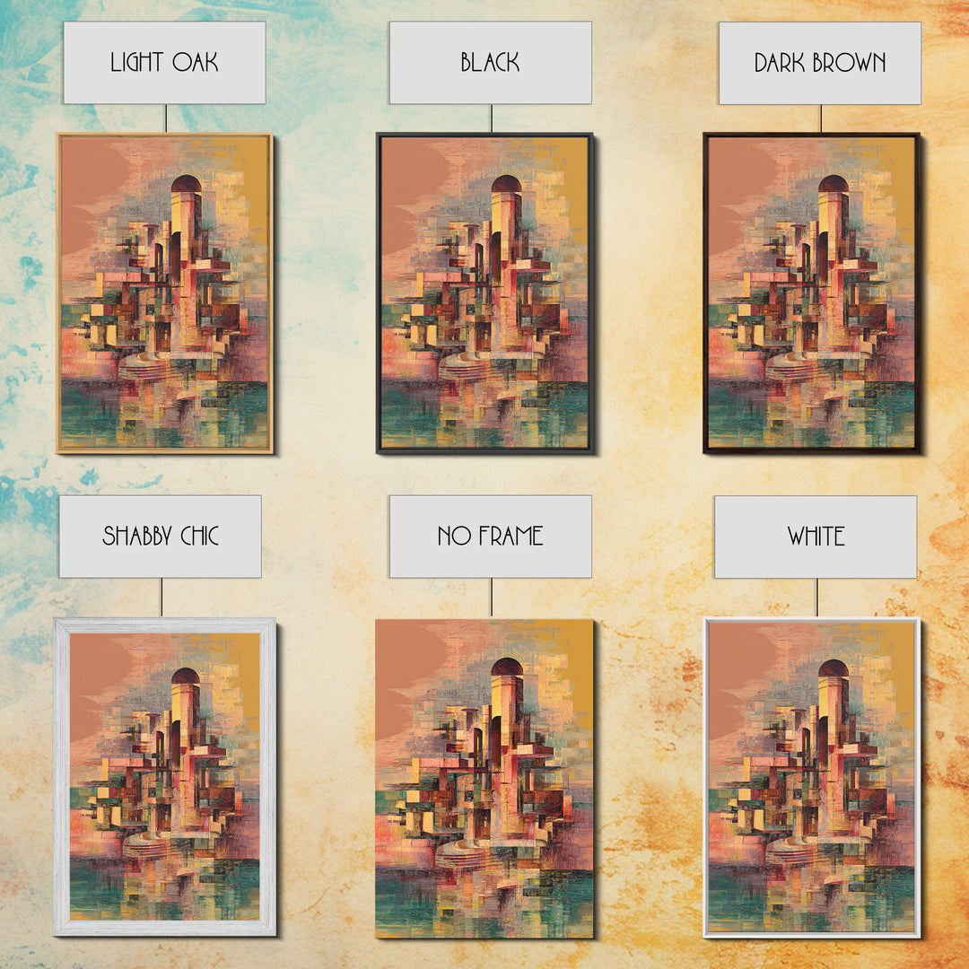 Abstract Futurist Tower City Canvas Print, Modern Geometric Architecture Art, Terracotta Teal Statement Wall Decor Gift For Him